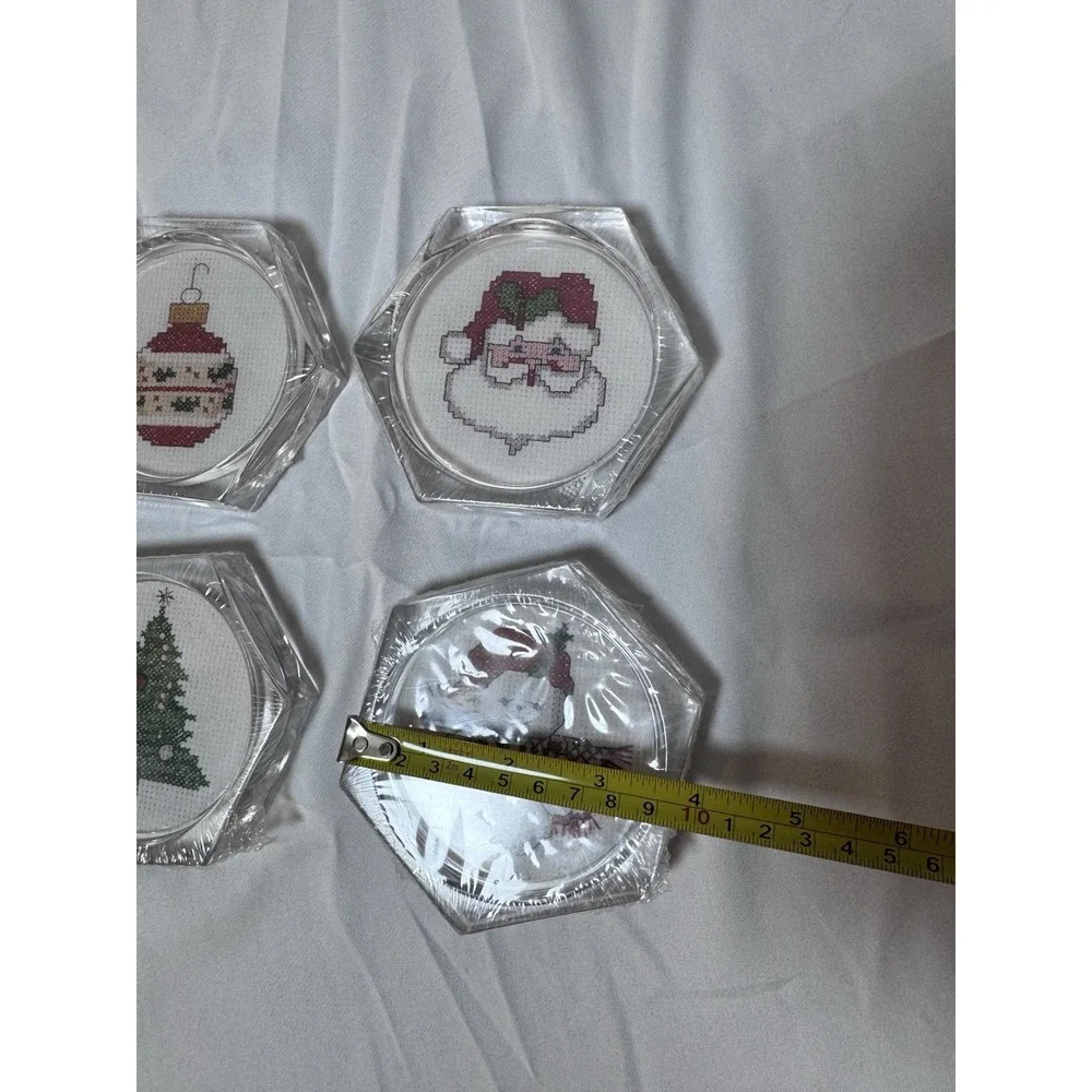 Set of 4 Clear Acrylic Hexagon Christmas Coasters Counted Cross Stitch Vtg New